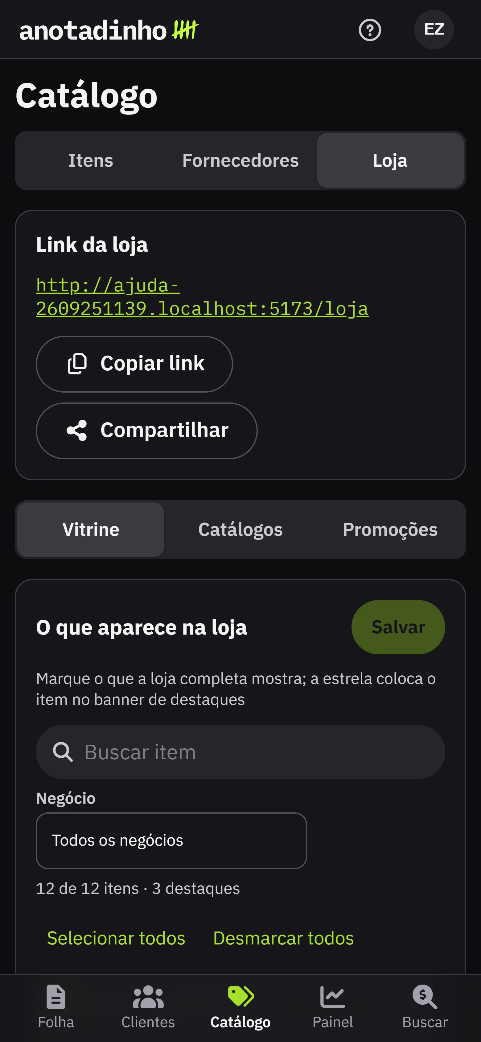 A aba Loja do Catalogo, com o link da loja, as partes Vitrine, Catalogos temporarios e Promocoes, e a escolha do que aparece na loja, com as estrelas dos destaques