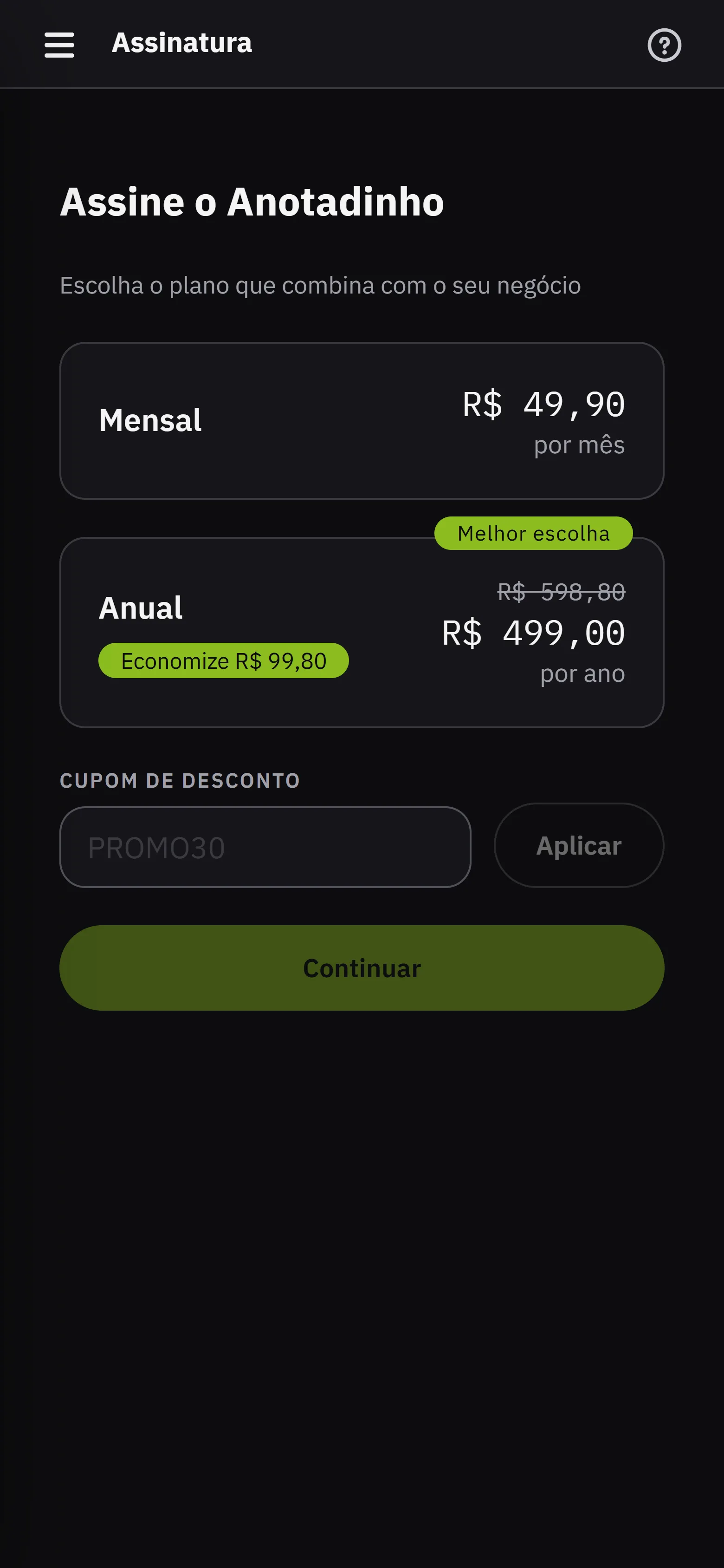 A tela da assinatura, com o plano, a forma de pagamento e o historico de faturas