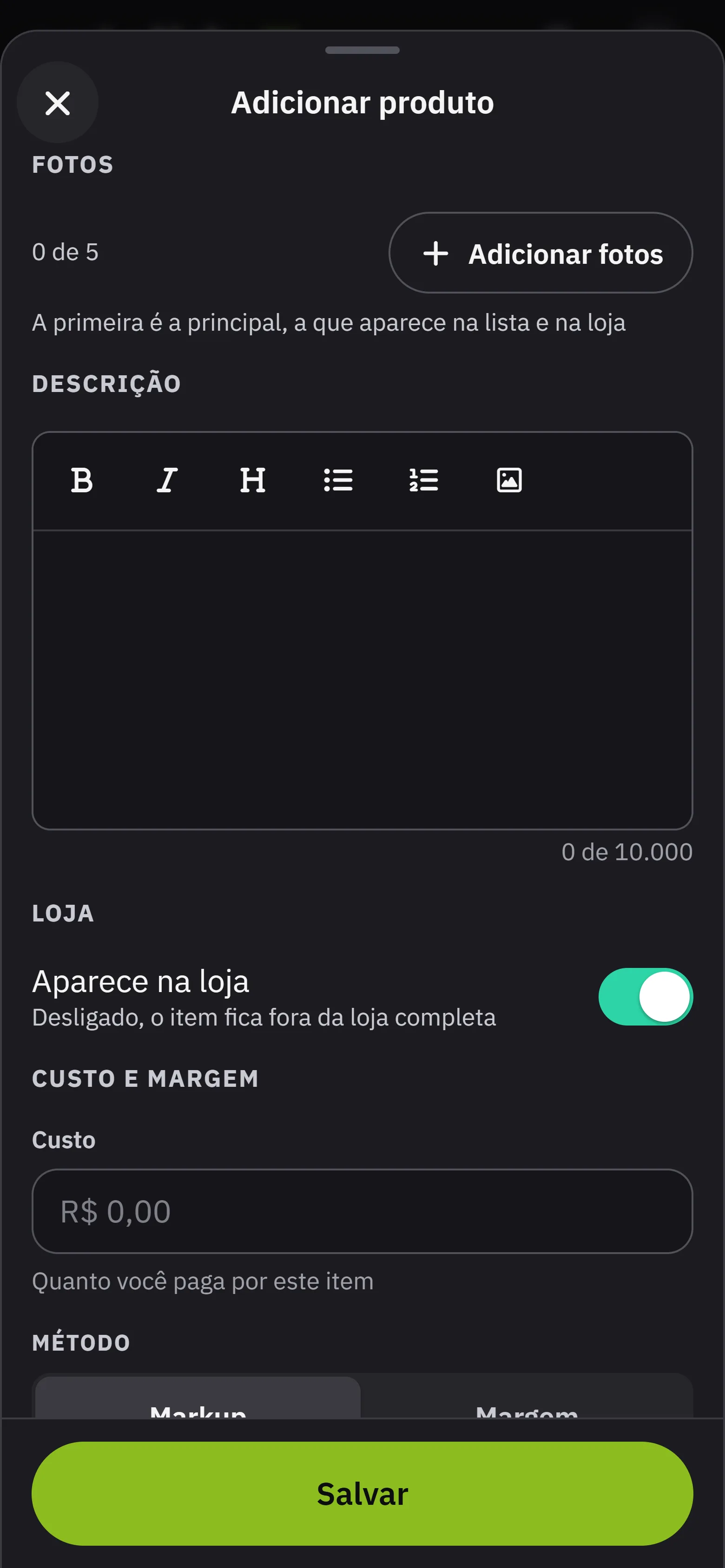 O modal de adicionar produto com os dados completos abertos: fotos, descricao com a barra de formatacao e a chave Aparece na loja