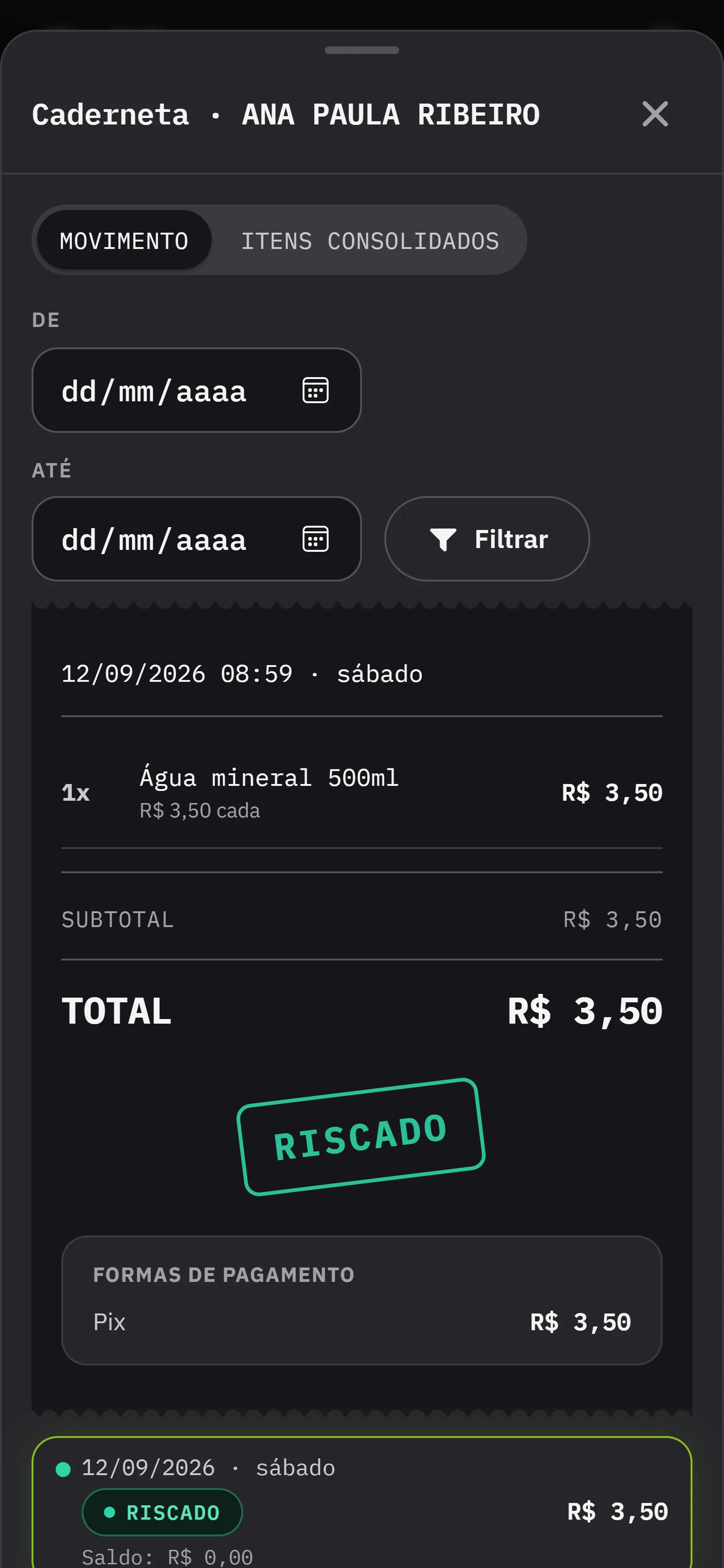 A caderneta do cliente, com o movimento de cada conta e o saldo anotado