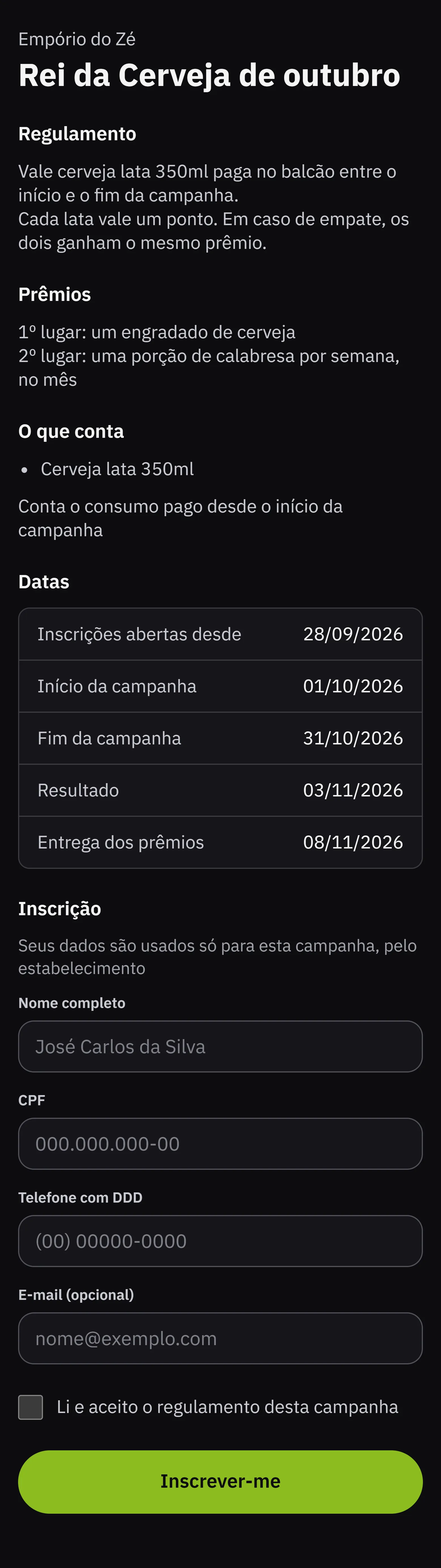 A pagina publica da campanha, que o cliente abre pelo QR Code: regulamento, premios, datas e o formulario de inscricao