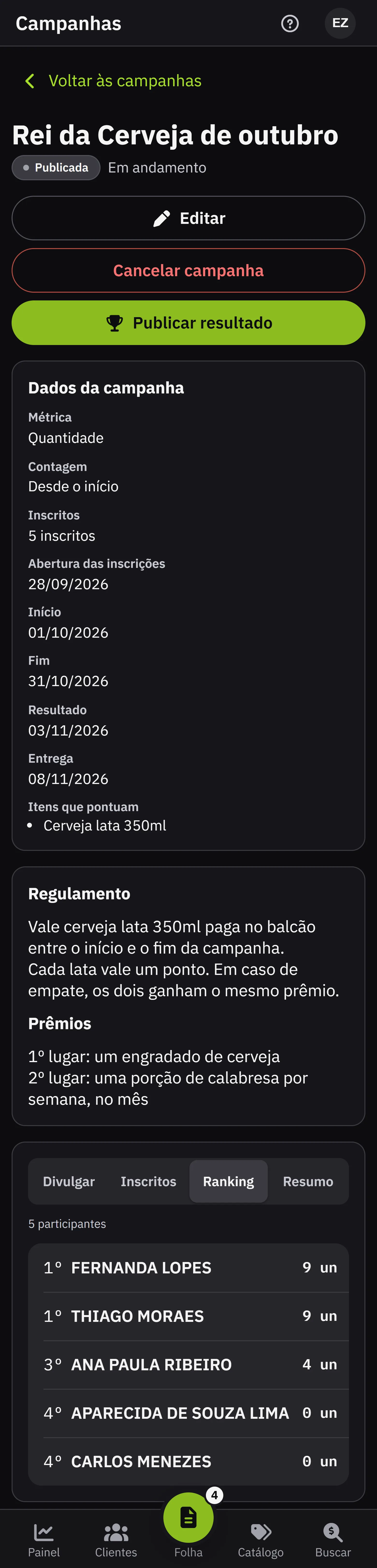 A aba Ranking da campanha, com a posicao, o nome e os pontos de cada participante e o empate dividindo a mesma posicao
