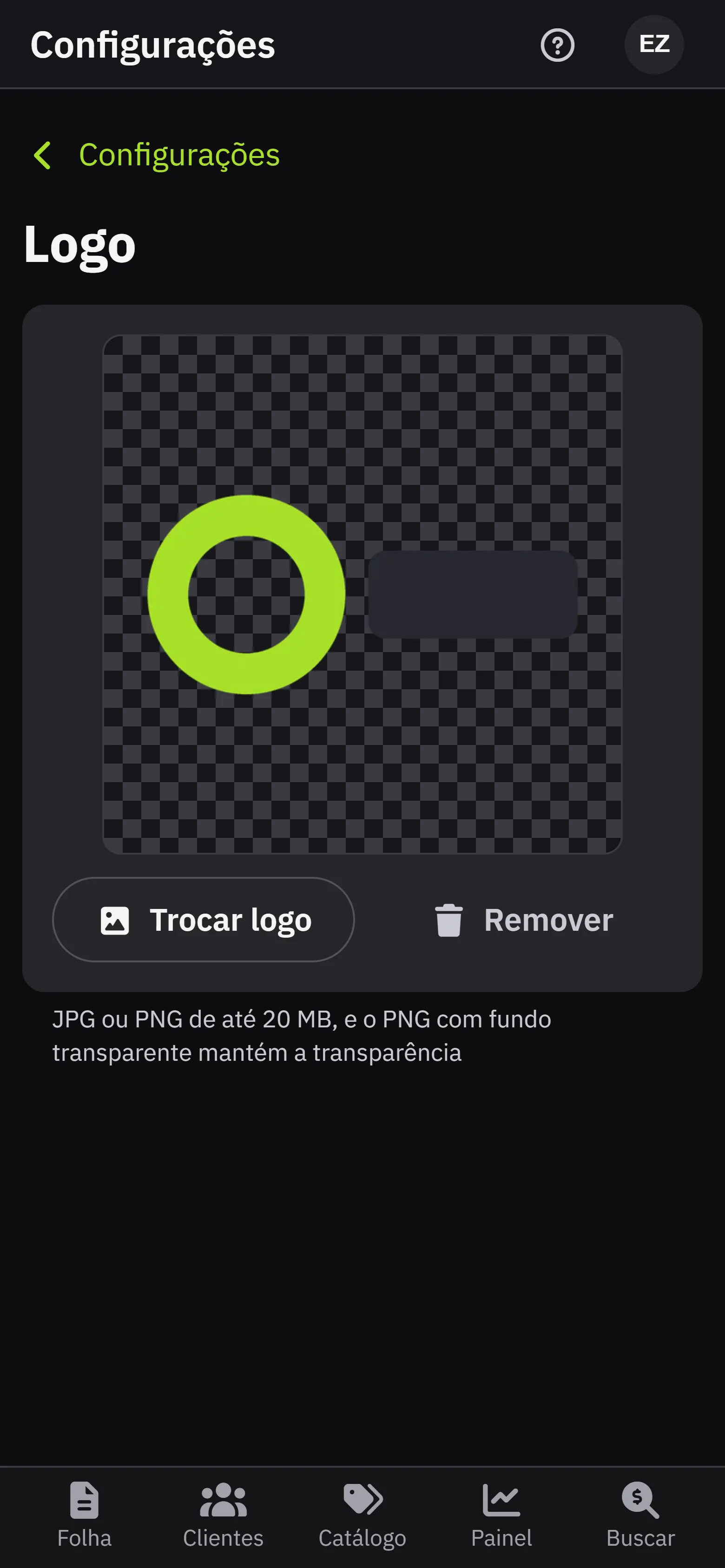 O cartao da logo em Configuracoes, com a previa sobre o fundo quadriculado e os botoes Trocar logo e Remover