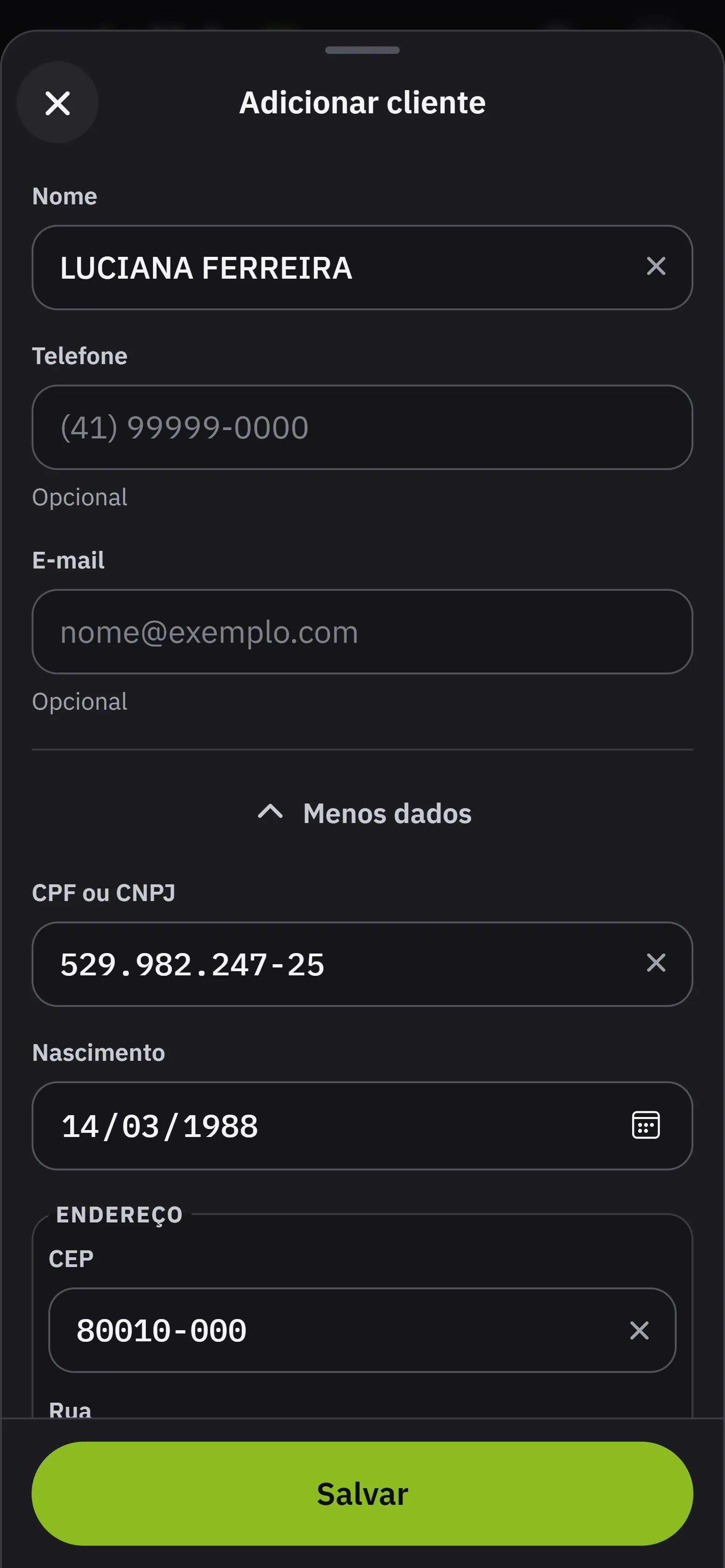O modal Adicionar cliente com o Cadastro completo aberto: CPF, nascimento e endereco preenchidos