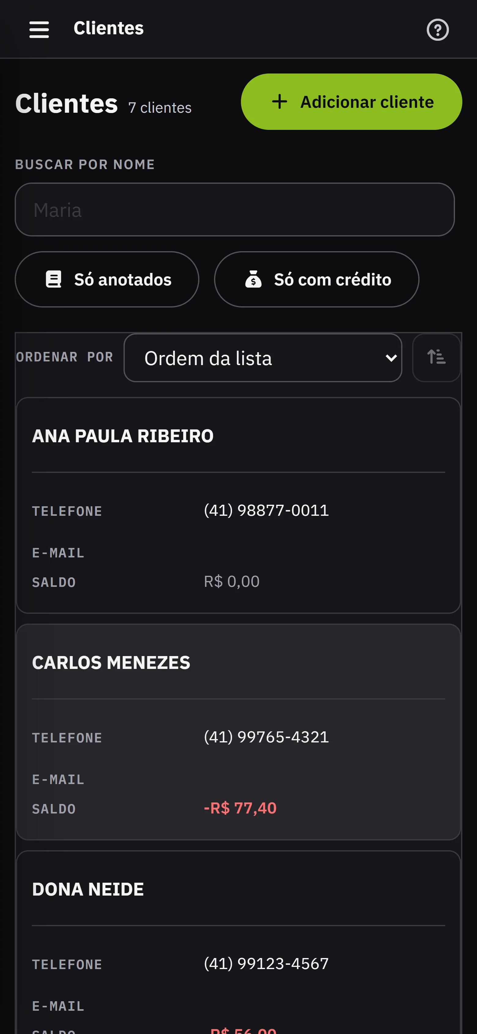 A lista de clientes, com busca, filtros de anotado e credito, telefone e saldo de cada um