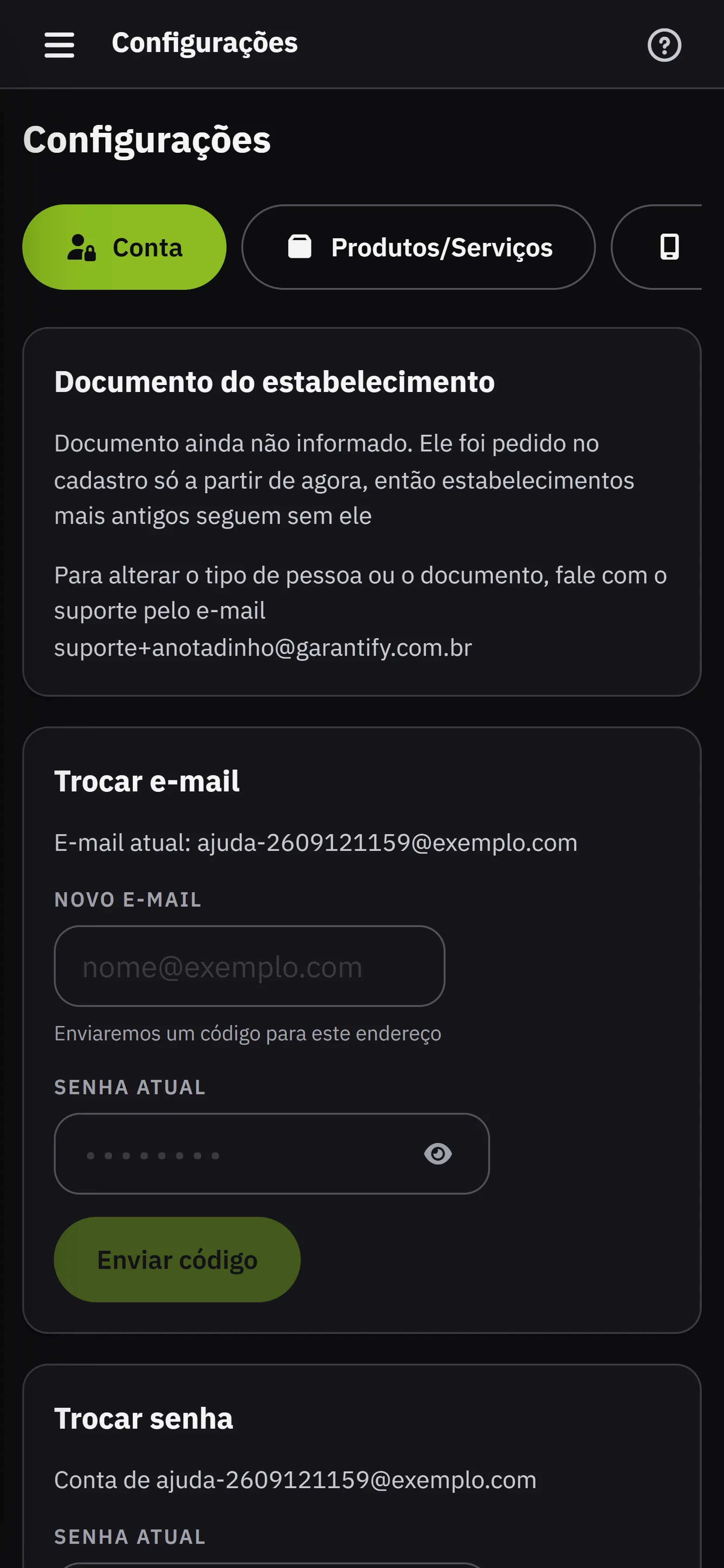 As configuracoes, com as abas de conta, catalogo e sistema