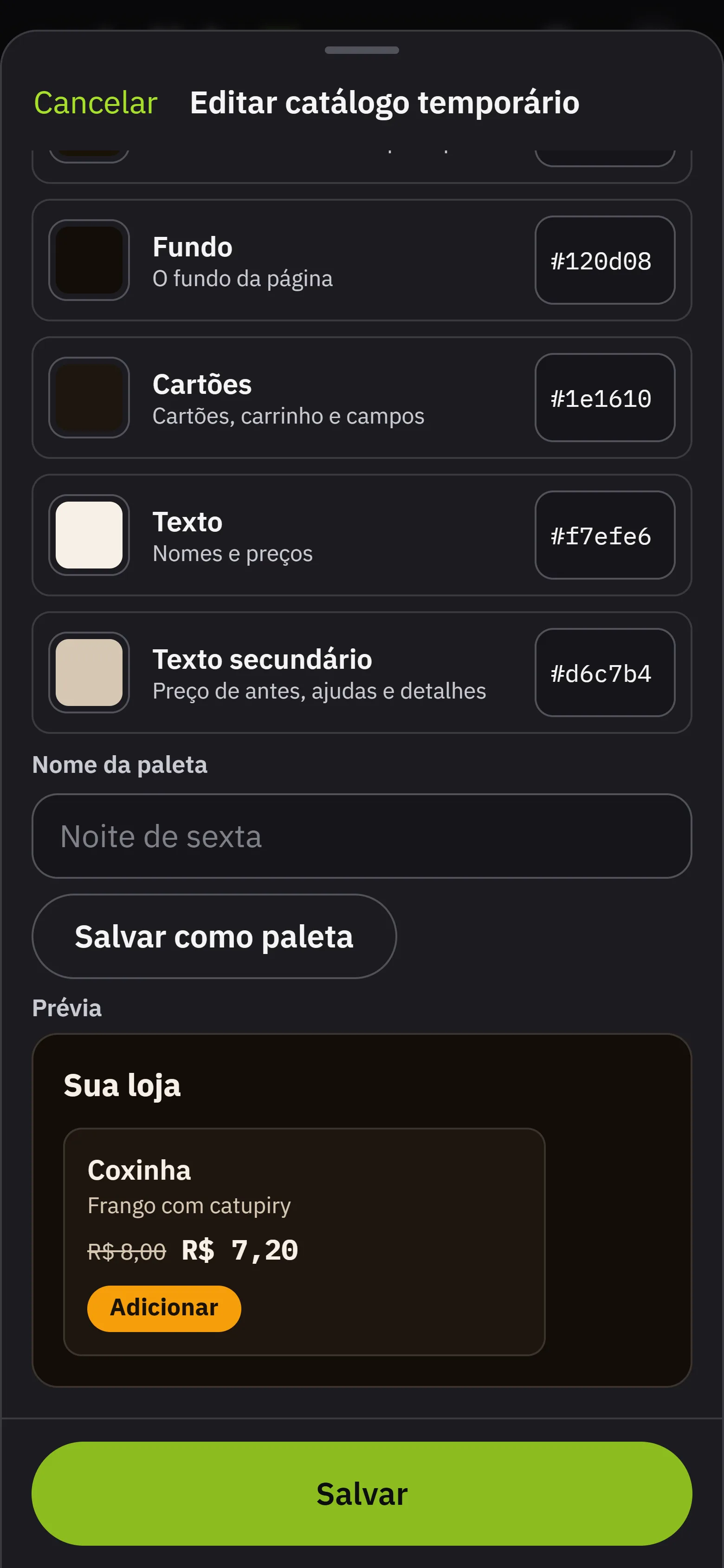 As configuracoes avancadas do catalogo temporario: acompanhar a loja, uma paleta salva ou cores so' dele, com o tema, as seis cores e a previa