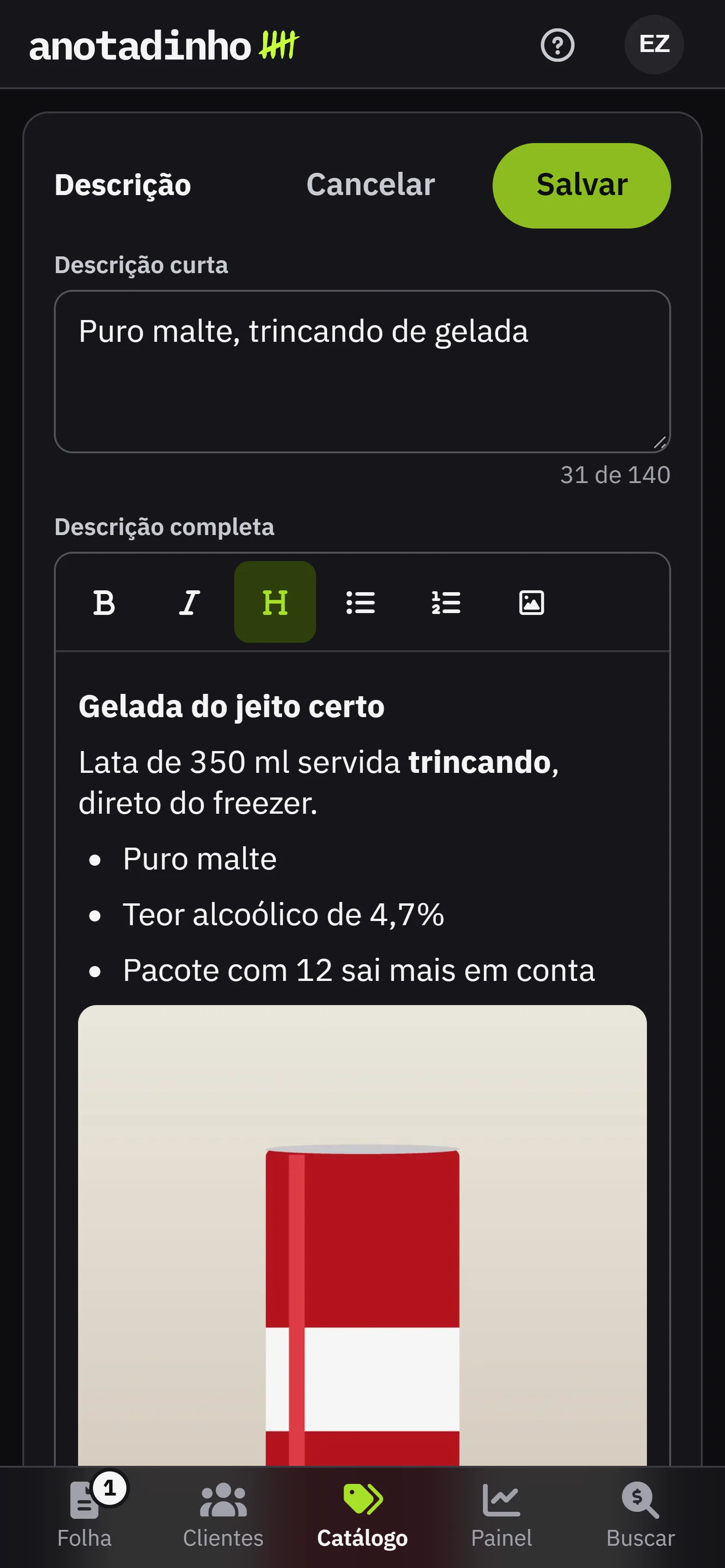 A ficha de um produto com a descricao em edicao: a barra de formatacao e o texto com subtitulo, negrito, lista e imagem