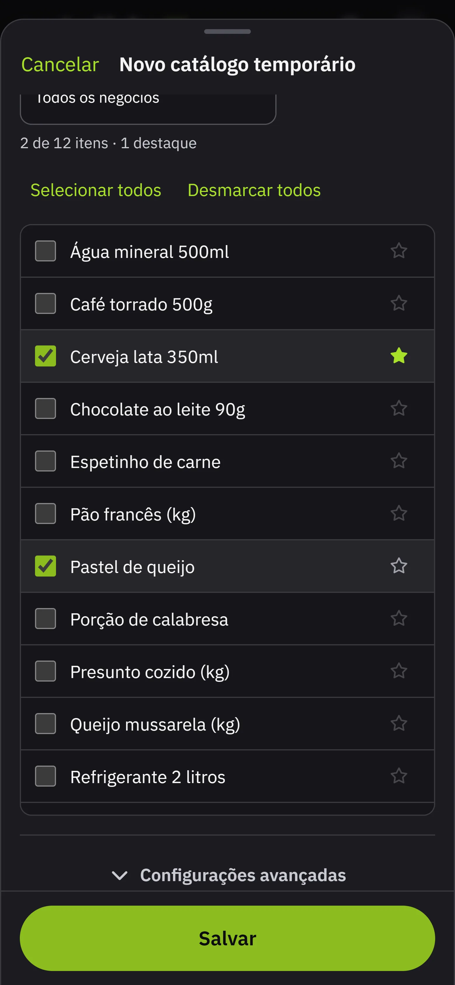O modal de novo catalogo temporario, com o titulo, o prazo, o filtro de negocio que ja' marca os itens dele e os destaques