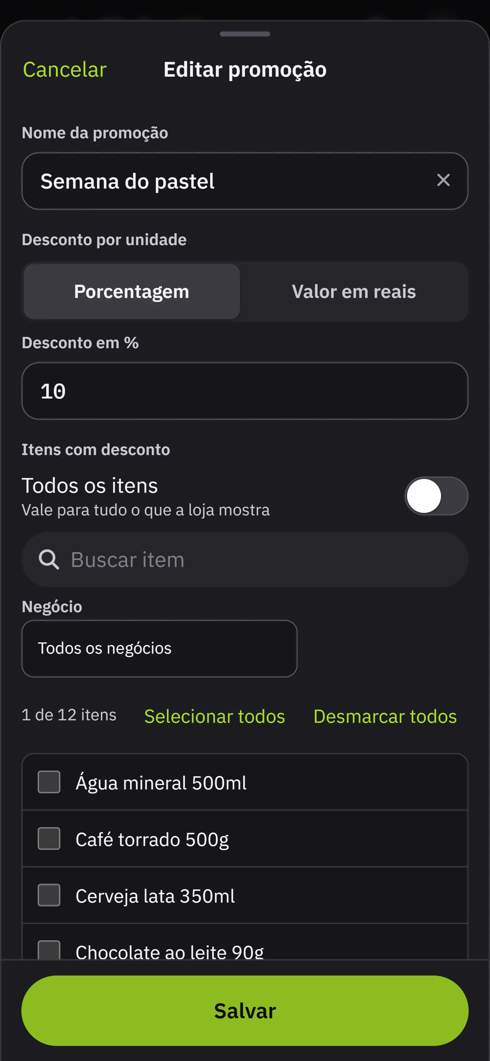 O modal da promocao: nome, porcentagem ou valor em reais, os itens, onde vale (loja completa e catalogos temporarios), quando vale e o liga/desliga