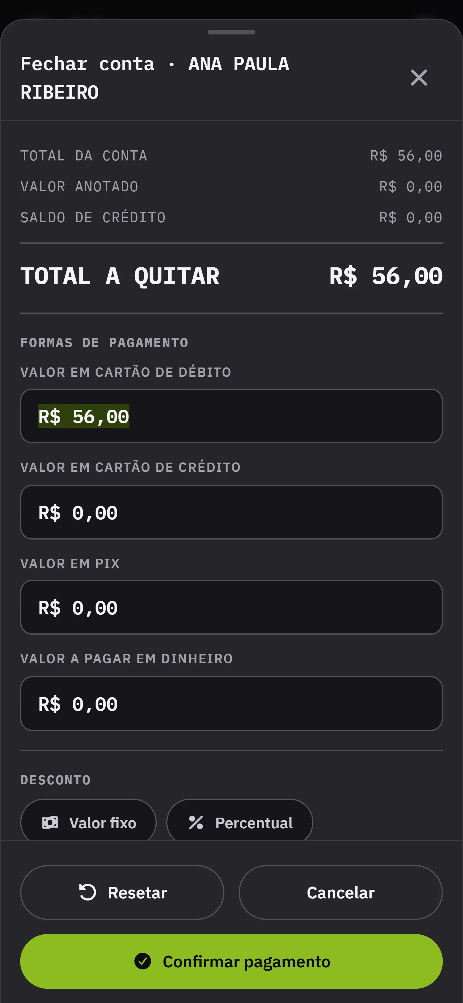 O fechamento da conta, com o total de R$ 56,00 e os campos de cartao de debito, cartao de credito, Pix e dinheiro