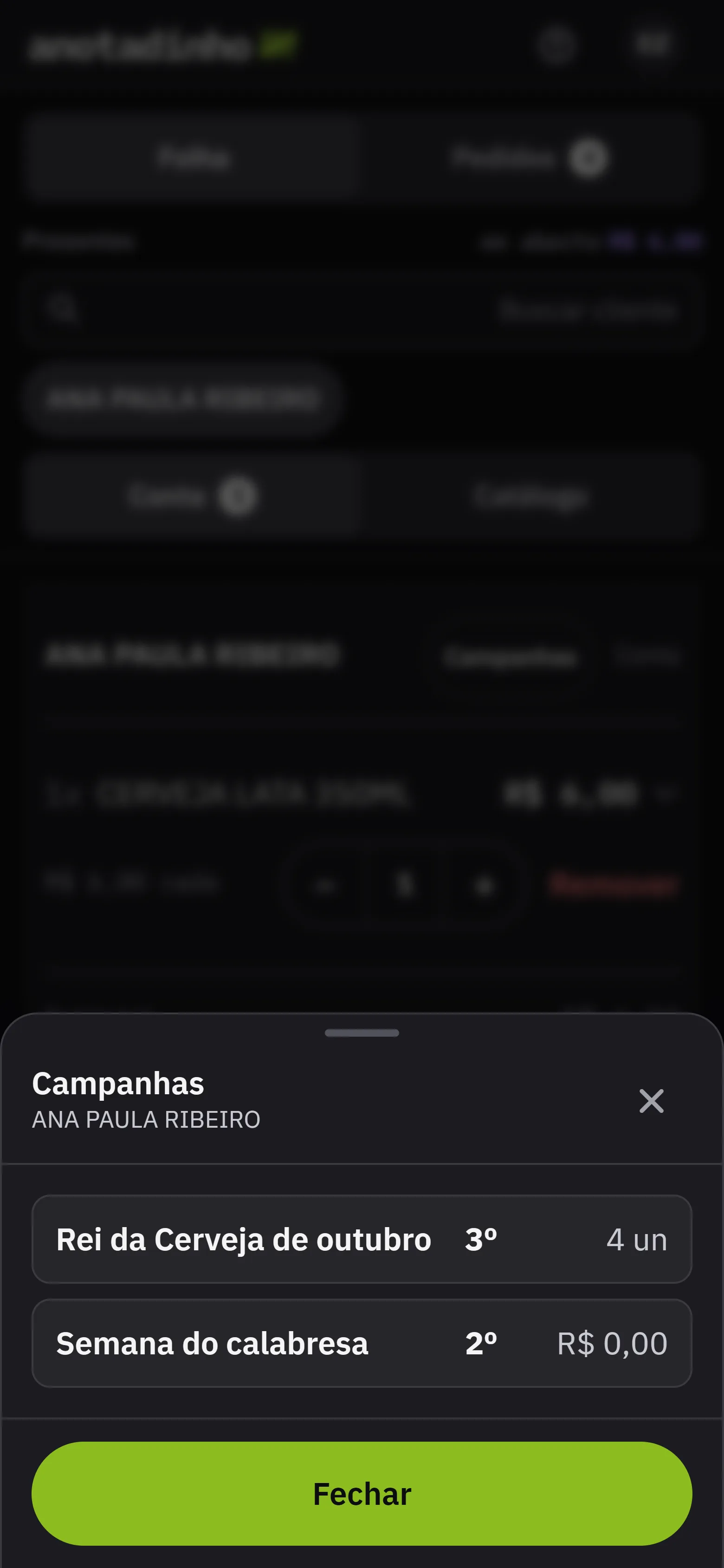 A Folha com a conta de Ana Paula Ribeiro aberta e a janela Campanhas, com a posicao dela em cada campanha em andamento