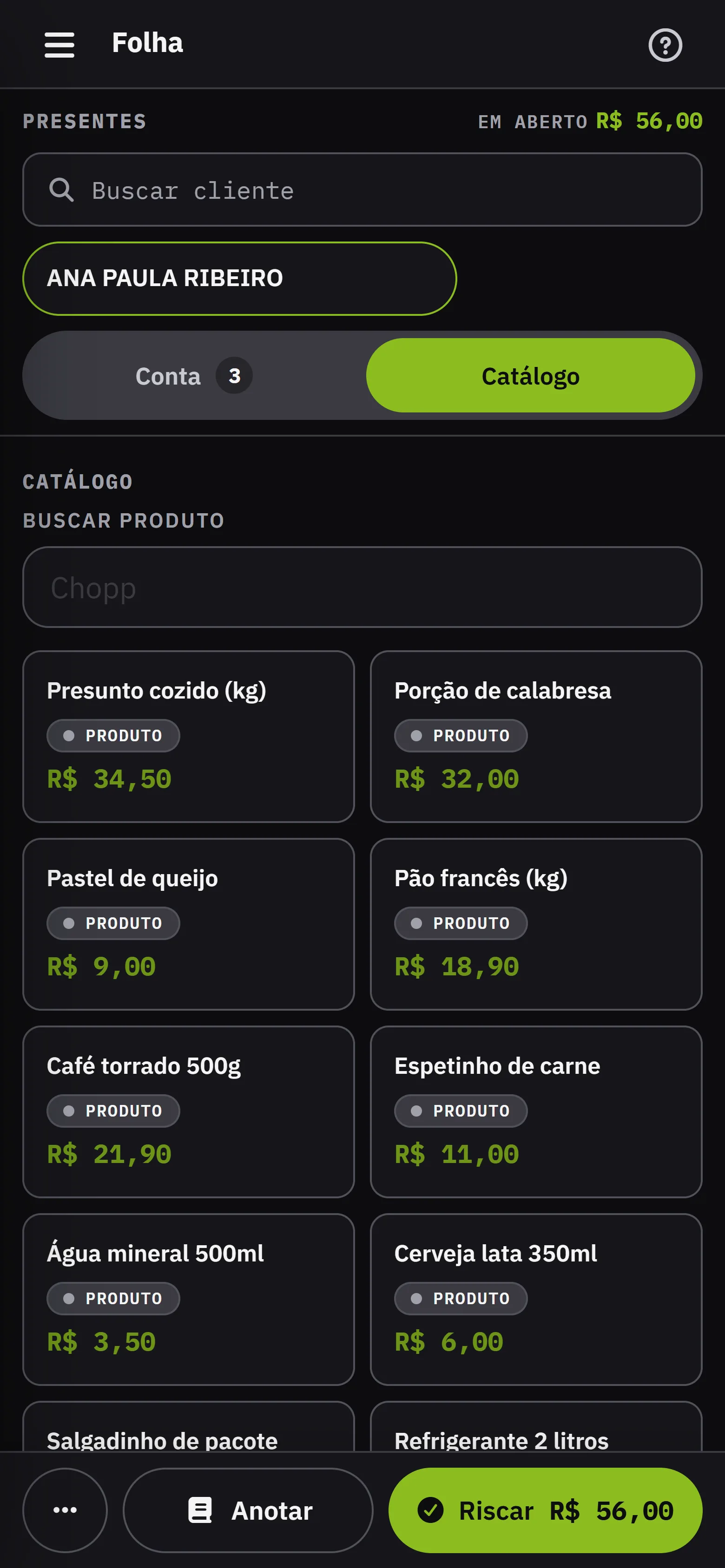 O catalogo de produtos da Folha, com preco em cada cartao, pronto para lancar na conta aberta