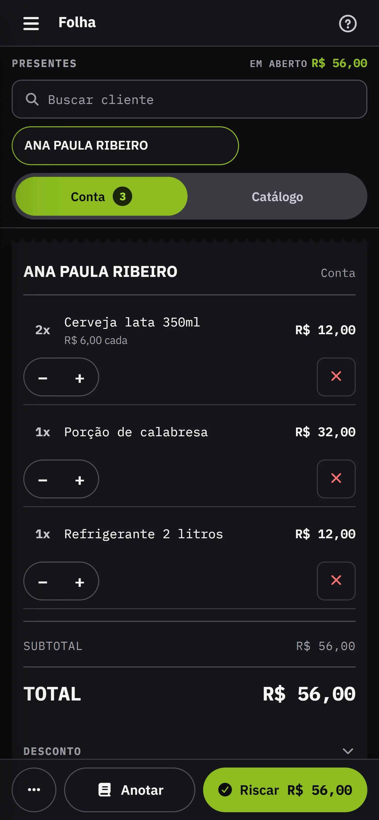 A tela da Folha com a conta de Ana Paula Ribeiro aberta, tres itens lancados e o total de R$ 56,00 no botao Riscar