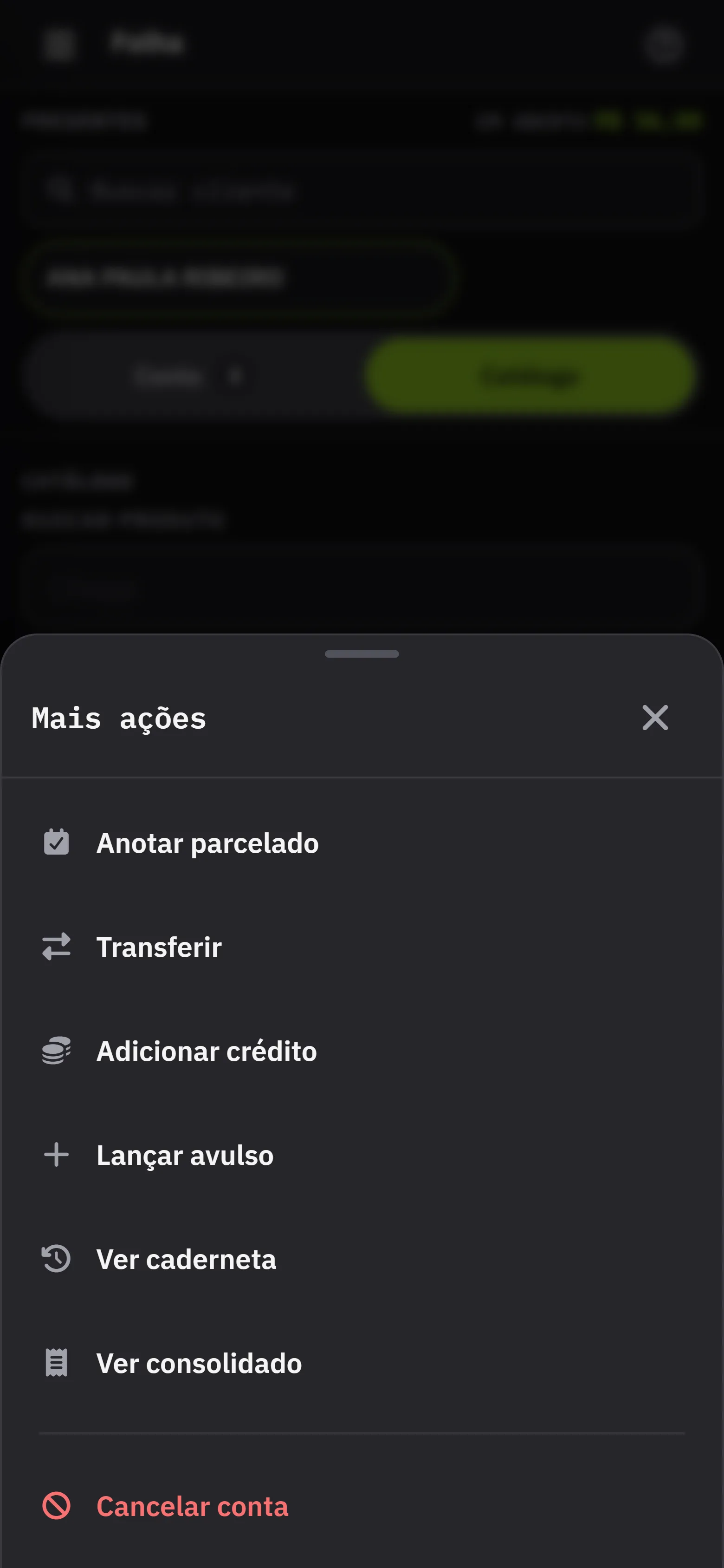 As acoes secundarias da conta: anotar parcelado, transferir, adicionar credito, lancar avulso, ver caderneta, ver consolidado e cancelar