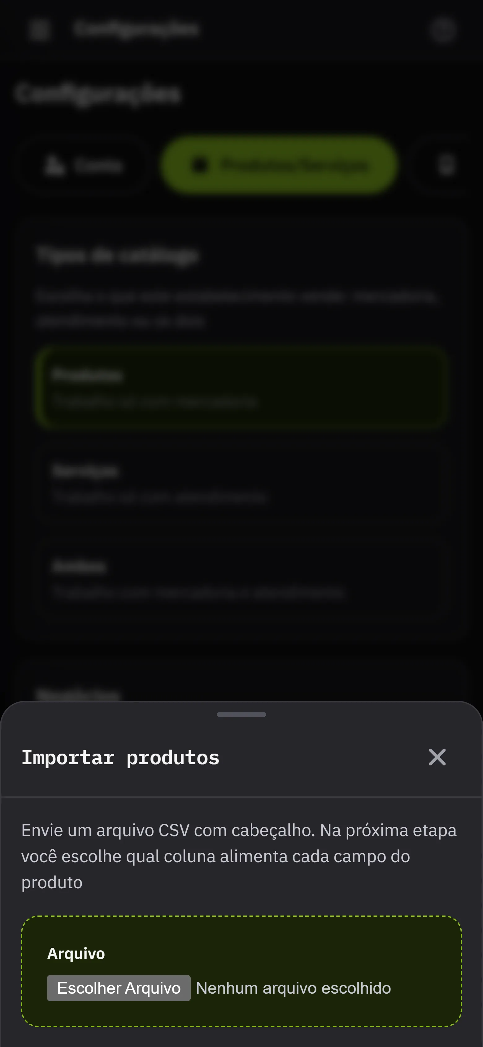 A importacao do catalogo por planilha, com o reconhecimento automatico das colunas