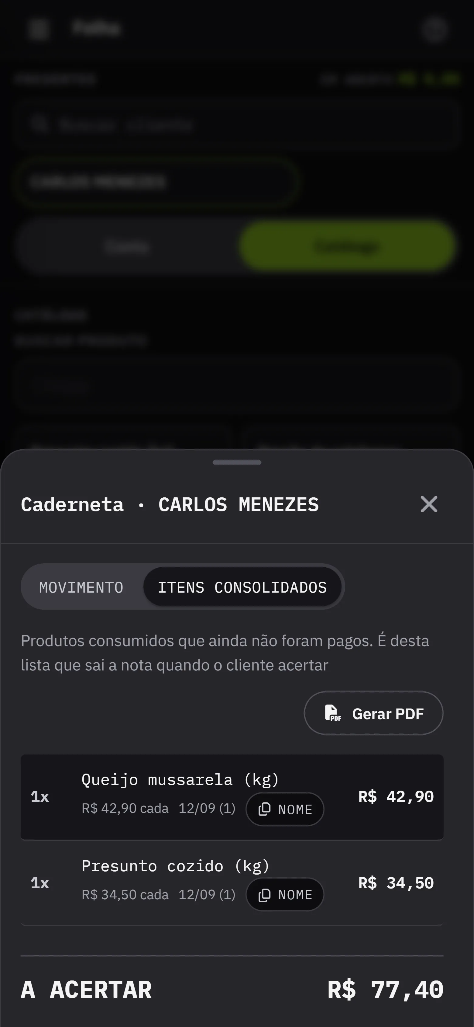 Os itens consolidados do cliente, agrupados por produto e preco, com o botao de gerar o PDF