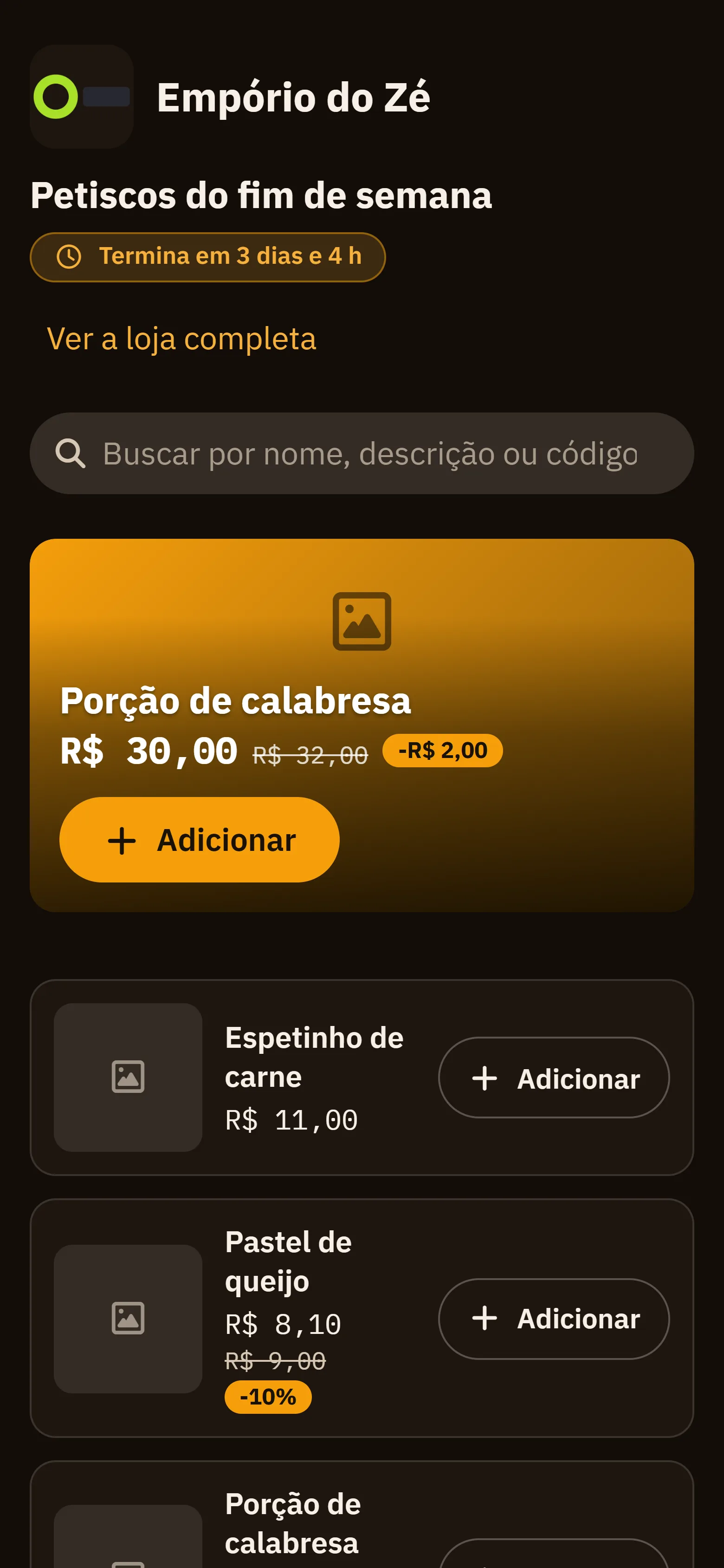 A pagina de um catalogo temporario na loja publica, com as cores da paleta dele: o titulo, a contagem regressiva do prazo, o banner de destaques e os itens com o preco da promocao