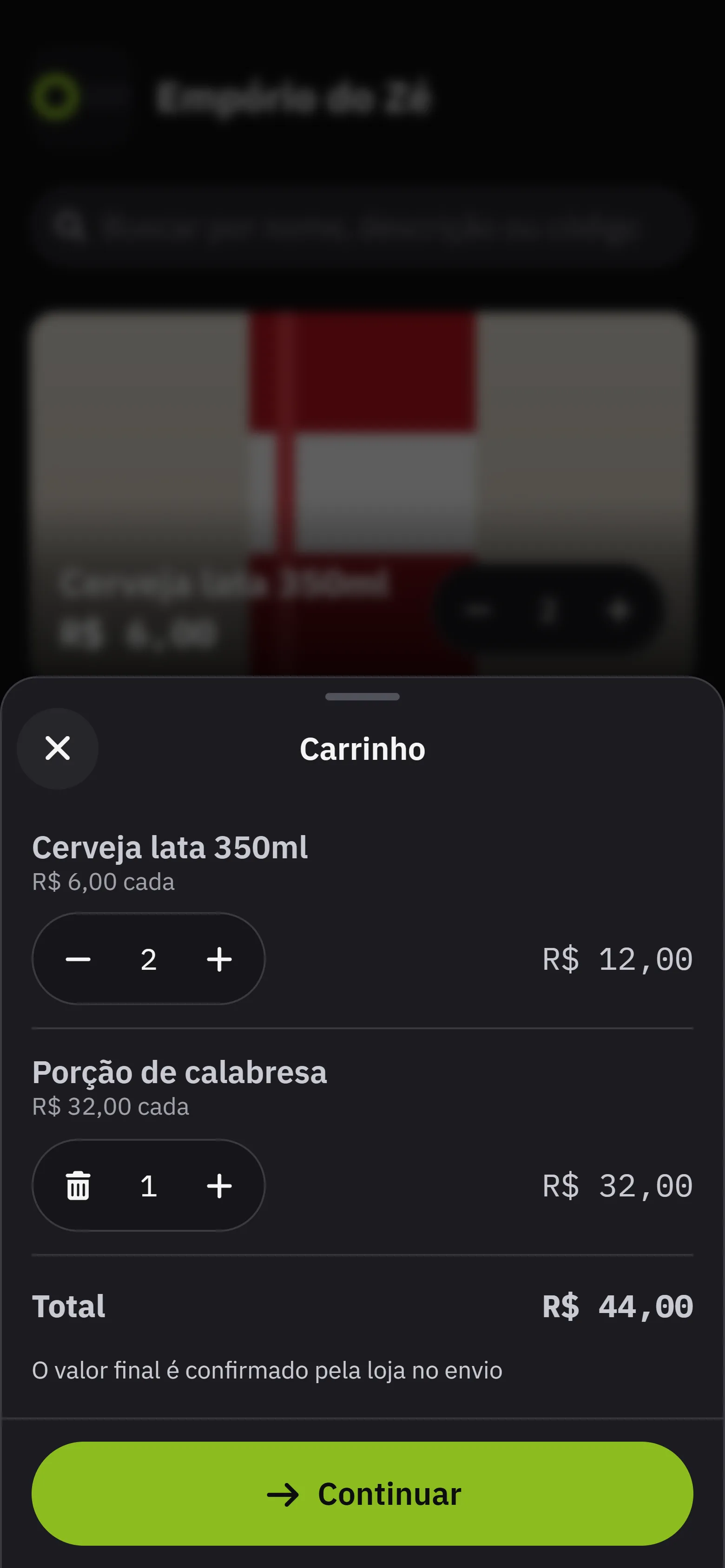 O carrinho da loja publica, com as linhas, as quantidades, o valor de cada uma e o total