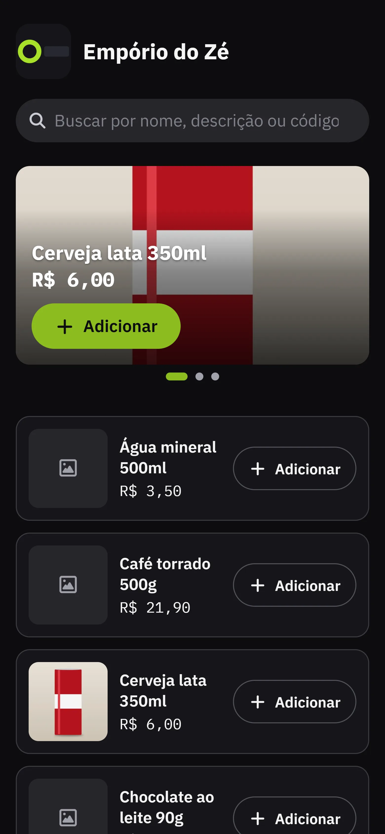 A loja publica do estabelecimento, com a logo, o nome, a busca e os itens com foto e preco