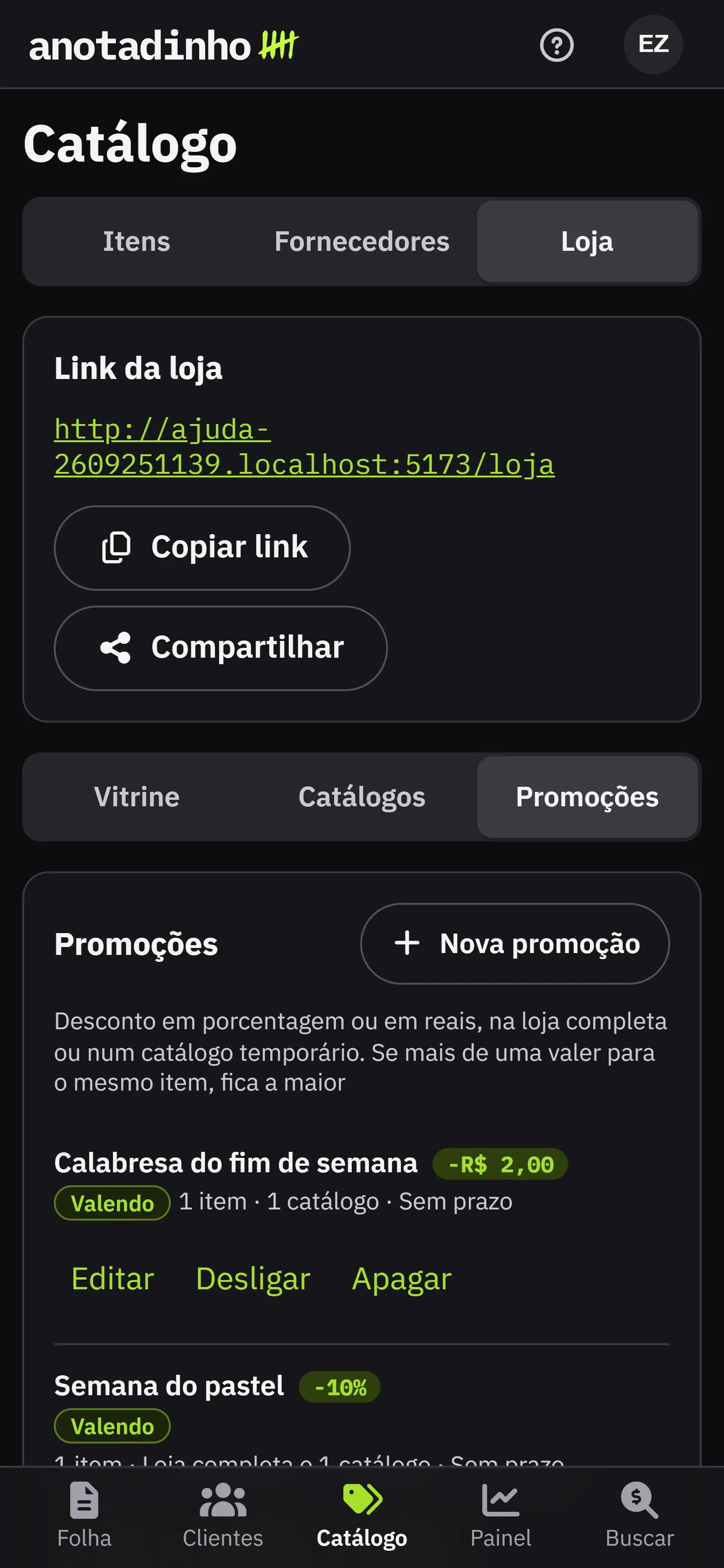 A parte Promocoes da aba Loja, com cada promocao, o desconto, a situacao, os itens, onde vale e o periodo