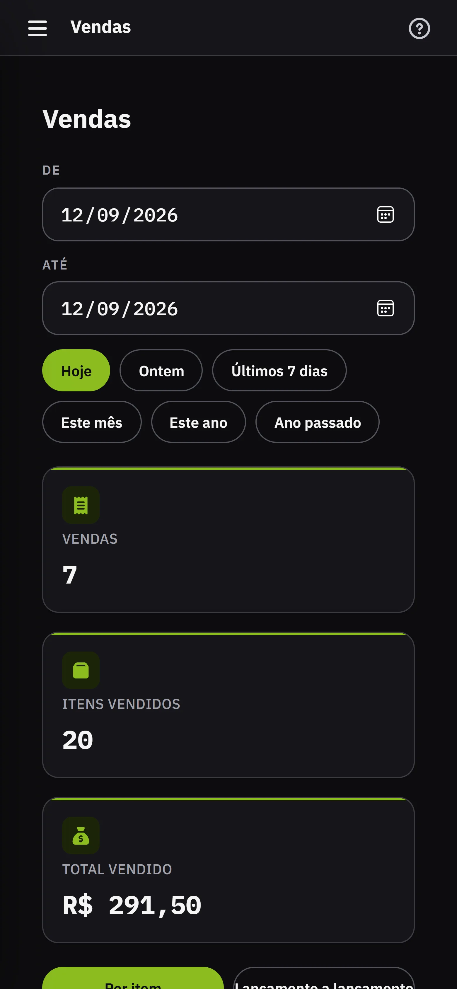 A tela de Vendas, com o filtro de dias, os totais do periodo e a lista do que foi vendido
